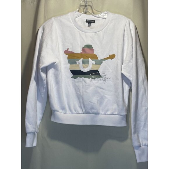 True Religion XS White Pullover Sweatshirt With Multicolor Guitar Graphic Print - Picture 1 of 4